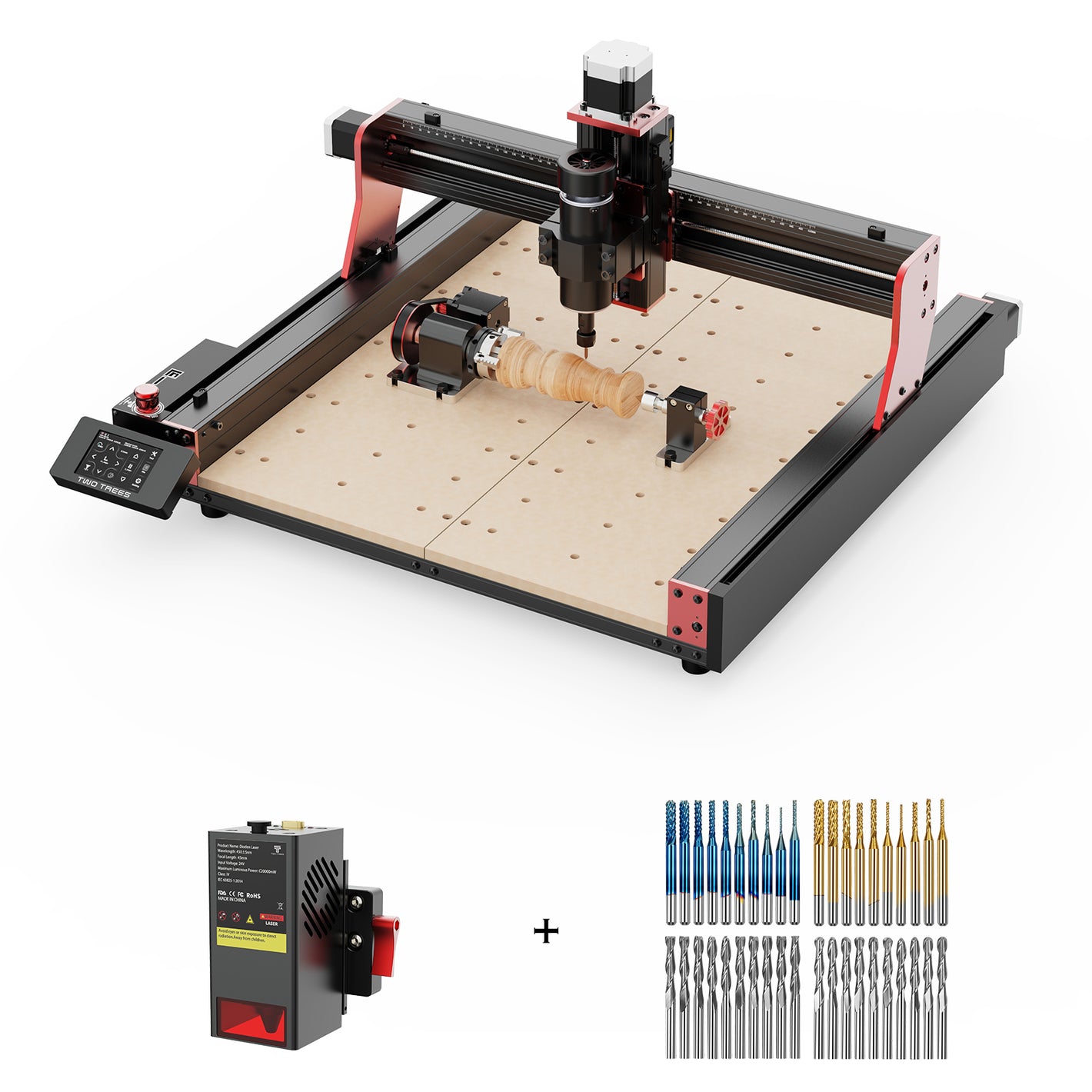 Twotrees TTC450 PRO CNC Router Machine + TC20 Laser Module + 500w Motor + 4th Axis CNC Rotary + End Mills